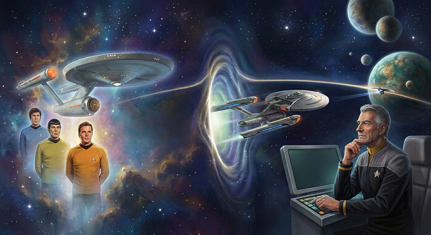 Futuristic starship emerging from a space vortex representing Star Trek Horizon by John Acree