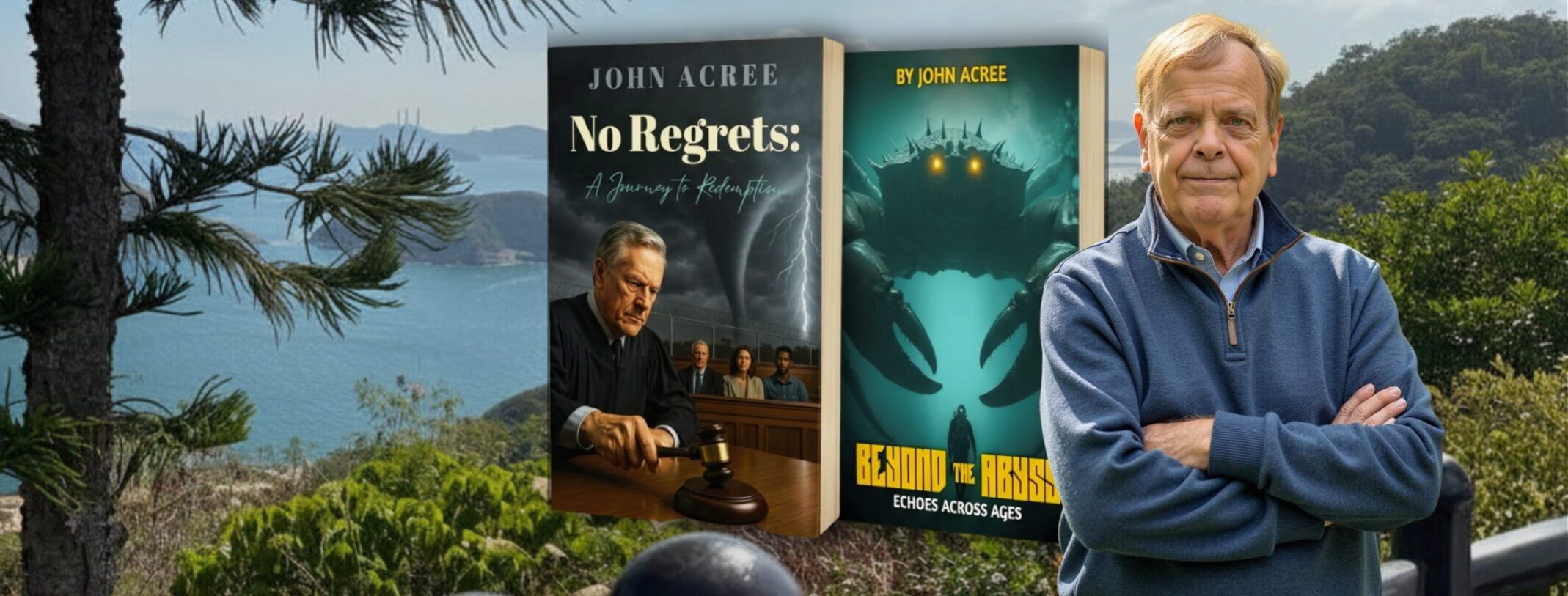 Writer John Acree working at a desk with a laptop, brainstorming upcoming multi-genre book releases
