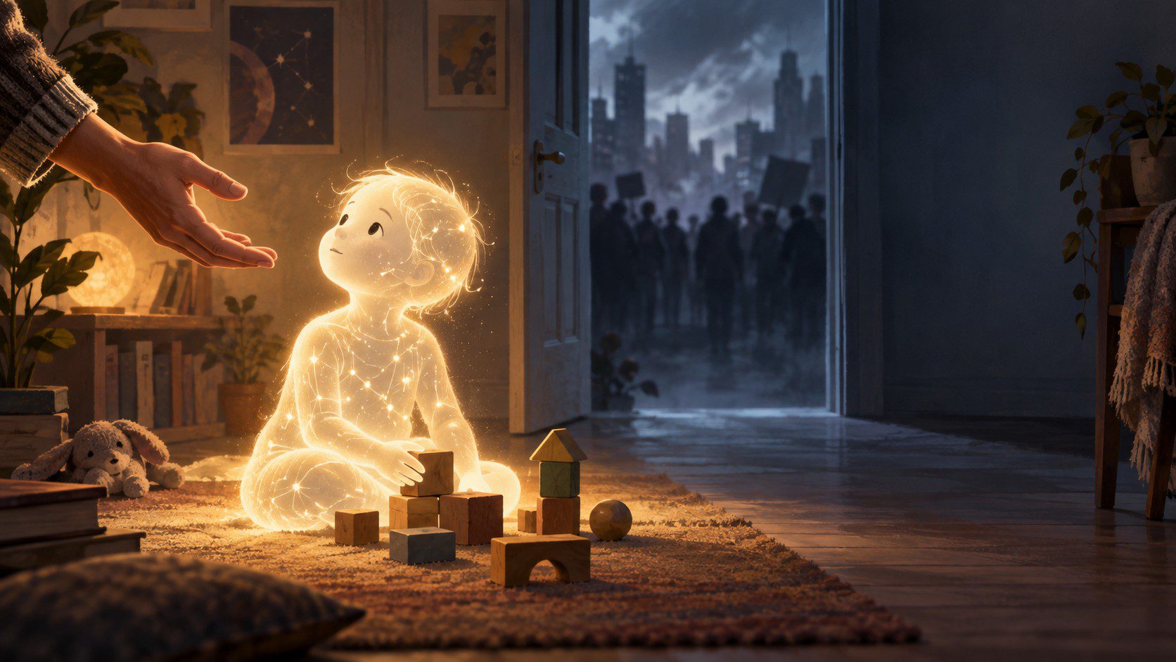 Conceptual image representing AI development and human guidance, featuring John Acree's book Aidan in the Middle